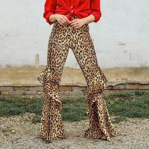 Stretchy Ruffled Leopard Bell Bottom Pants